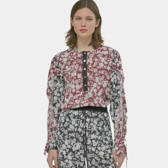 Yigal Azrouel Celosia Floral Round Neck Long Sleeve Black Maroon Blouse … - Picture 1 of 8